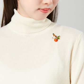 スズメ＆柿 ブローチ