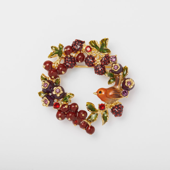 ベリー＆コマドリ リースブローチ